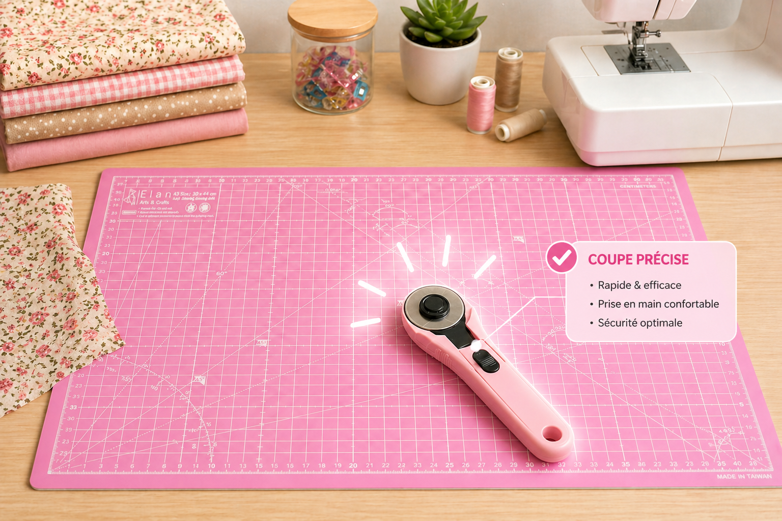 Cutter rotatif couture 2026-2027 Cutter rotatif couture utilisé avec tapis de découpe et règle