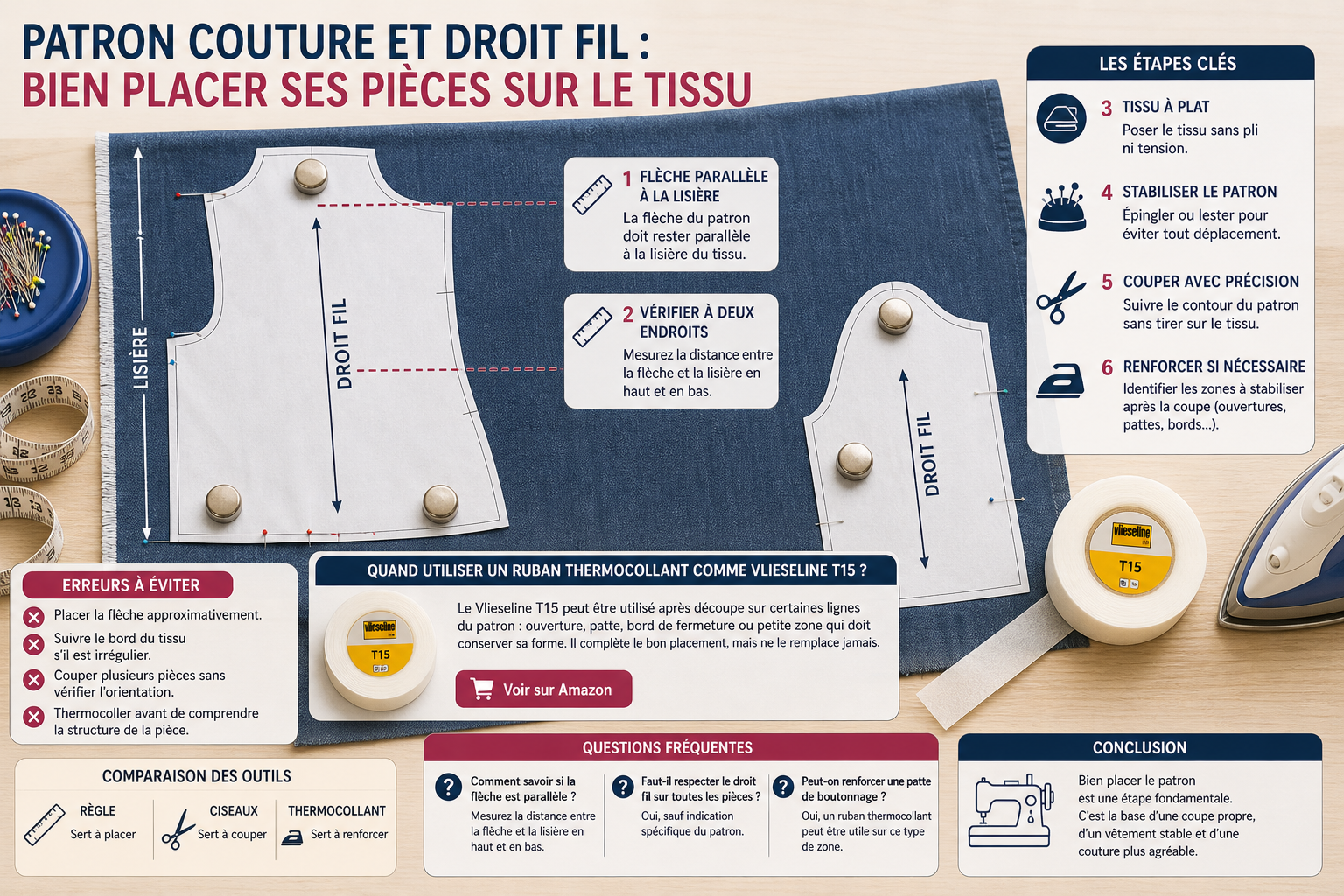 Patron couture et droit fil : comment placer correctement les pièces ?