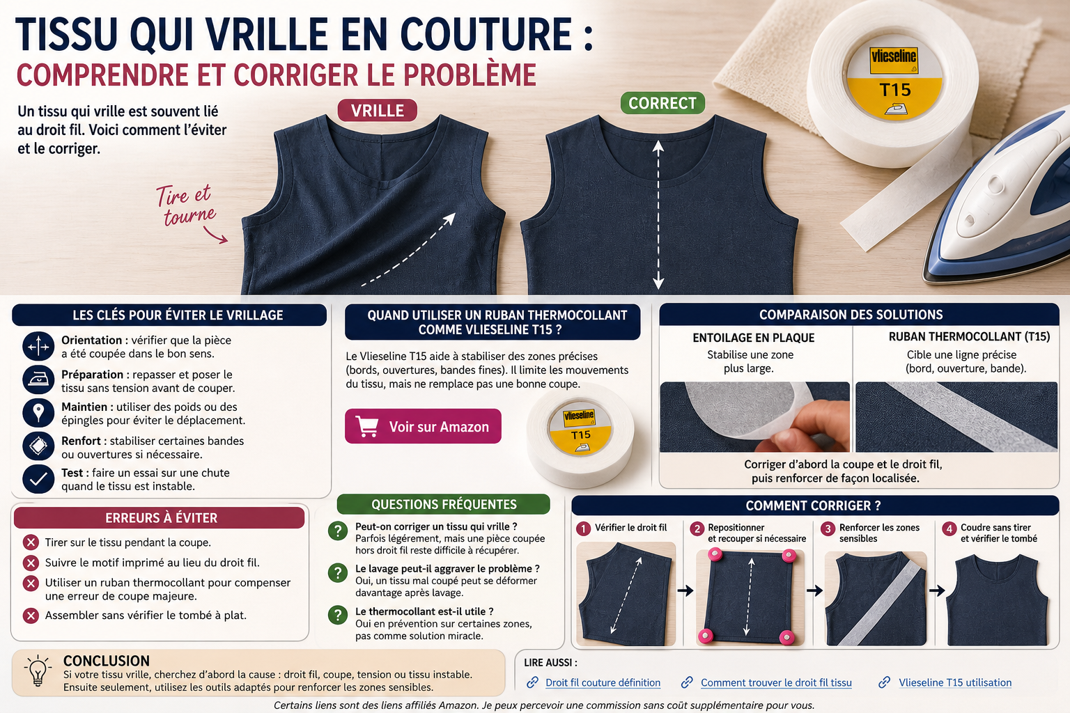 Tissu qui vrille en couture : erreur de droit fil ou mauvais tissu ?