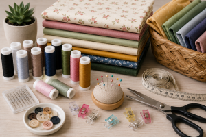 Bobines de fil de différentes couleurs et rouleaux de tissu coton pour débutants