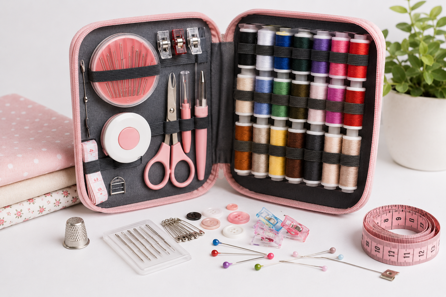 Kit de couture débutant avec fils, aiguilles, ciseaux et mètre ruban