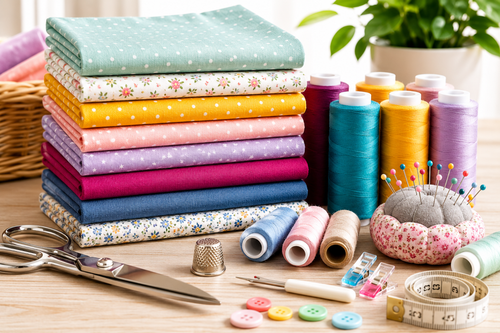 Bobines de fil de différentes couleurs et rouleaux de tissu coton pour débutants