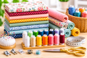 Bobines de fil de différentes couleurs et rouleaux de tissu coton pour débutants