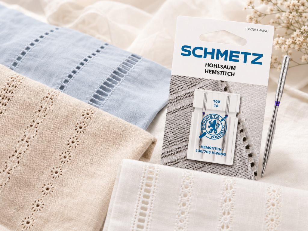 Boîte d’aiguilles SCHMETZ Hemstitch posée sur des tissus lin et coton avec motifs ajourés et jours échelle