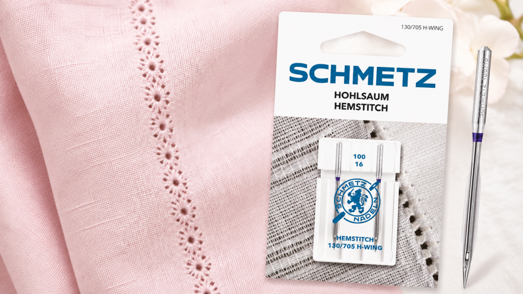 Aiguille Schmetz Hemstitch 130/705 H-WING et exemple de point ajouré décoratif sur tissu rose clair