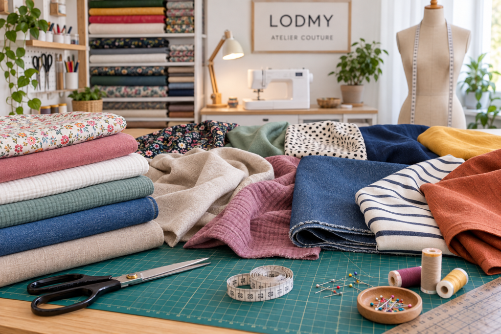 Différents tissus disposés sur une table de coupe dans l’atelier couture Lodmy