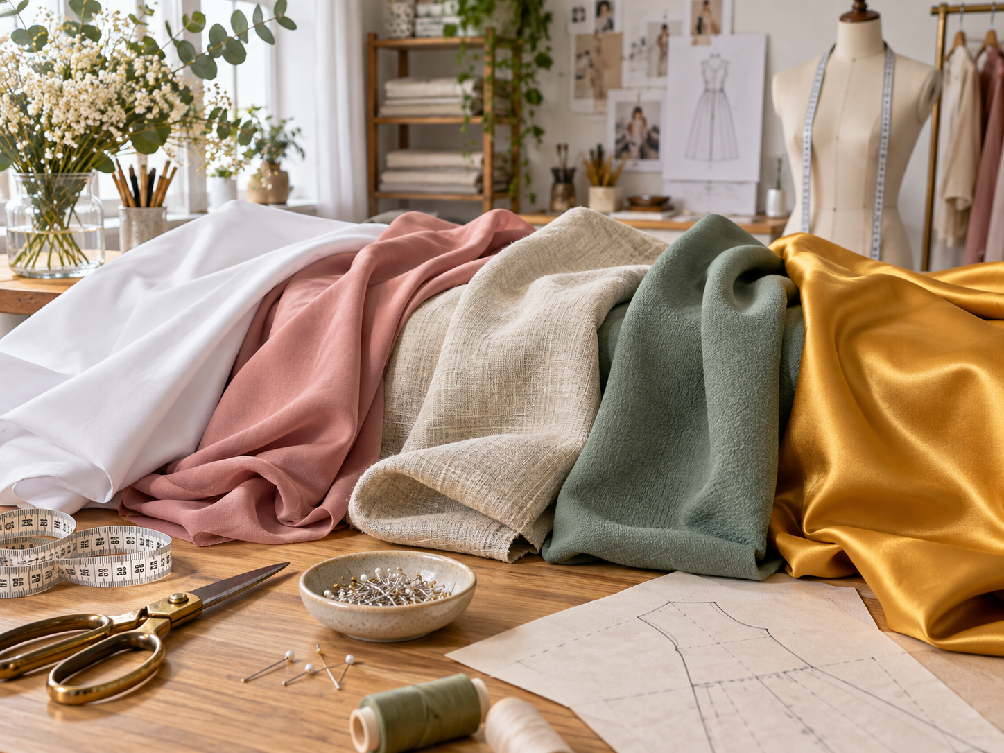 Atelier de couture avec différents tissus pour confectionner une robe